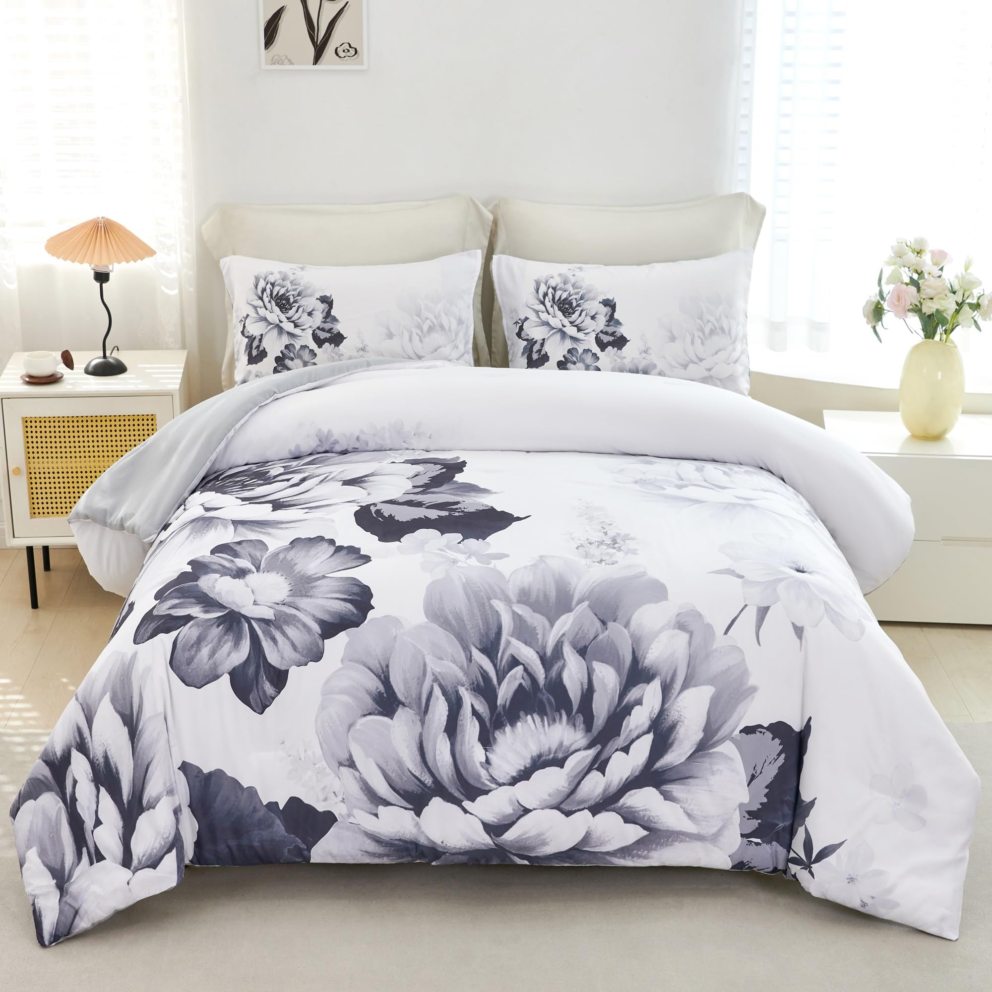 Rynghipy Floral Comforter Set Queen Size Botanical Flowers Leaves Bedding Comforter Sets Lightweight Fluffy Bed Set Pillowcases